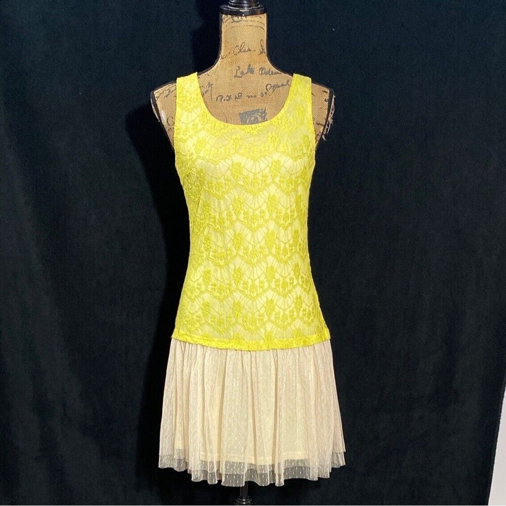 NWT A'reve Dress SMALL Yellow Beige Mesh Party Bow Lace Detail Flirty Embroider